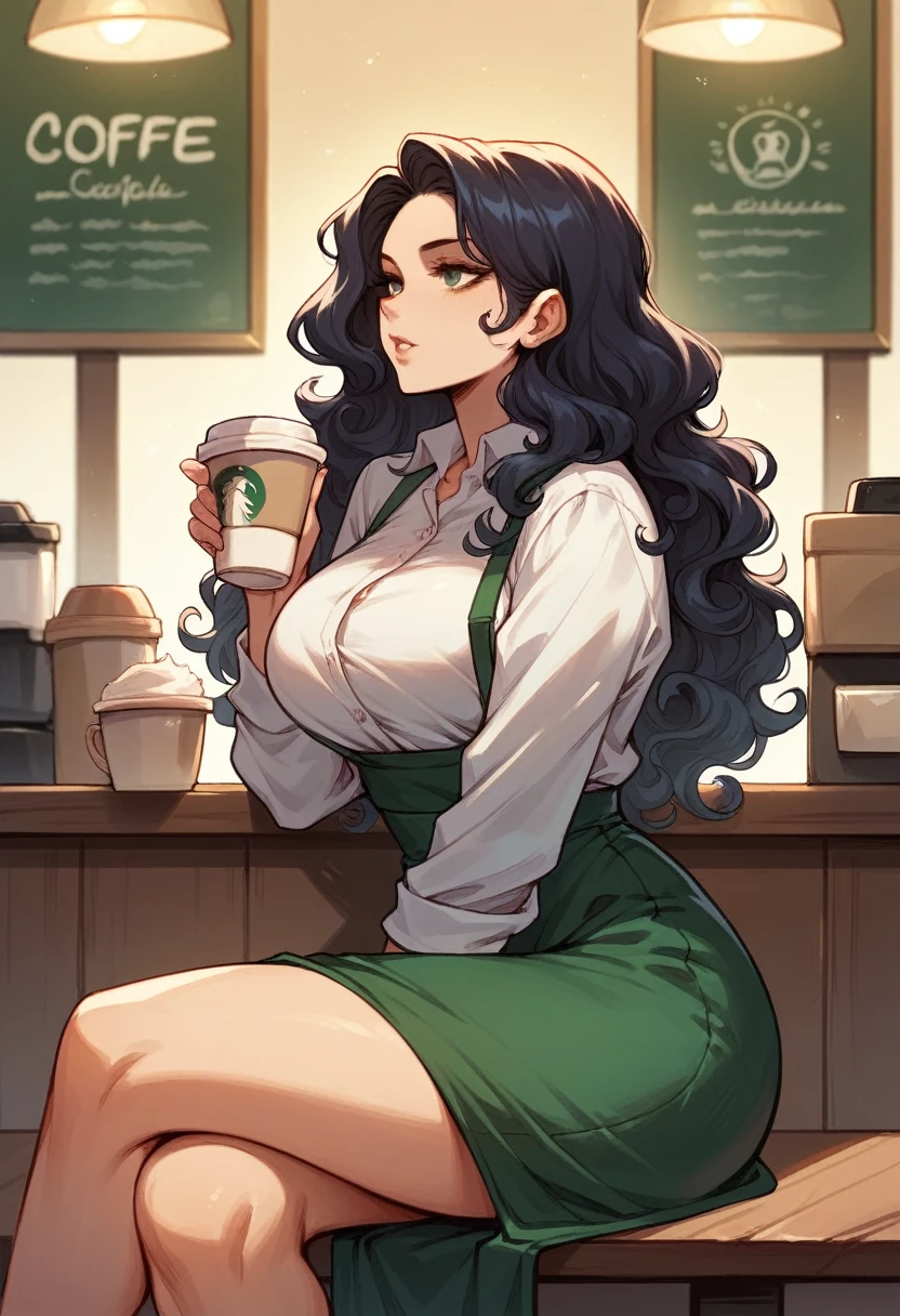 masterpiece, best quality, from side, 1girl, solo, long hair, shirt, black hair, holding, blue eyes, breast, white shirt, upper body, (green hair:1.2), blurry, cup, lips, blurry background, holding 1cup, 1straw, drinking, disposable cup, coffee shop, blurry background, <lora:add_detail:0.2> <lora:polyhedron_all_eyes:0.2>