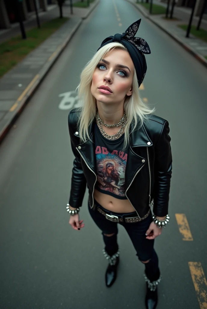 russian woman, platinum blonde hair with black parsley bandana, with very light blue eyes, pale, heavy eye shadows. Smeared make up. Wearing black moto jacket, cropped mteal rock band t-shirt, black skinny jeans and black snakeskin cowboy boots . Lots of metallic braceles and collars. Tacky leather belt with oversized buckle. Wide loop earrings. Scared face full of repentance. She thinks she is seeing God
