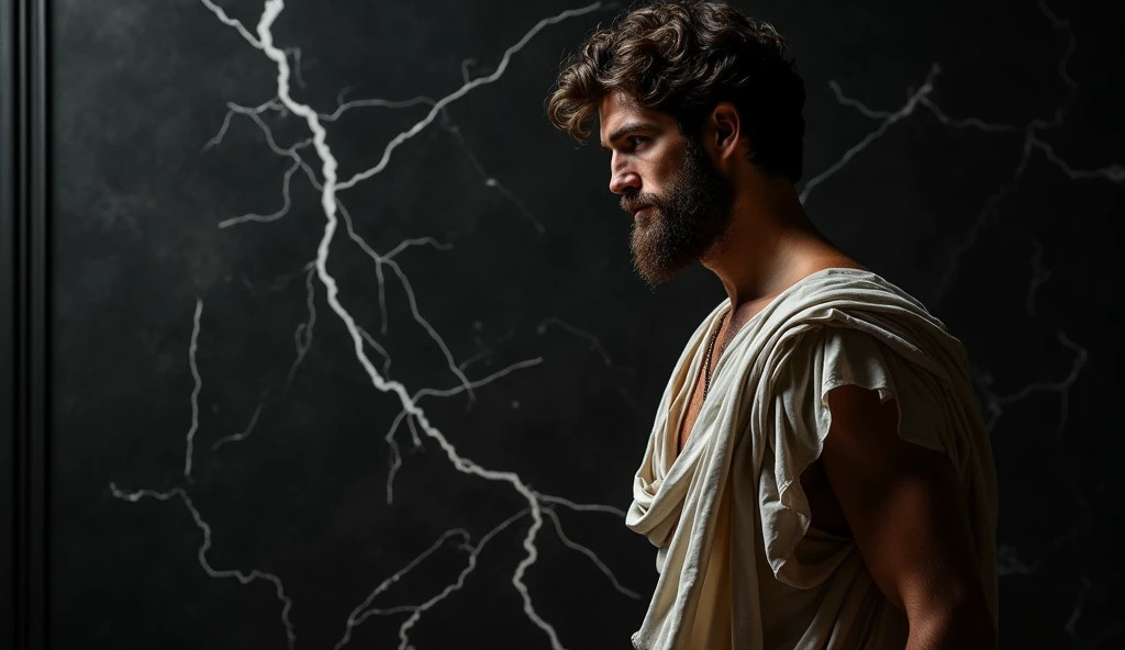 A male stoic philosopher with a well-proportioned and attractive physique, not excessively muscular. He is wearing classic tunics, slightly transparent, that gently drape over his body, subtly revealing parts of his shoulder, with a very short and well-groomed beard, and wavy, well-stylized hair.
The philosopher is standing in a pose of contemplation against a completely black background. His expression pensive and introspective. A subtle but deep crack runs through the marble, symbolic of a hidden flaw, representing a crack in a wall. Staring intently at a crack in the wall with a thoughtful expression, ready to take action to prevent further damage. The background has a subtle texture that adds depth but complements the text without overpowering it.
