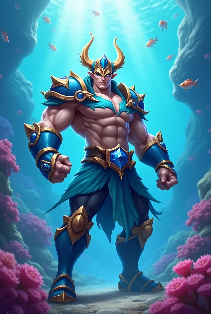 Mobile legend bang bang character, gatotkaca, tide preserver skin, , facing forward with cool looks, underwater background, highly detailed, waters in background.