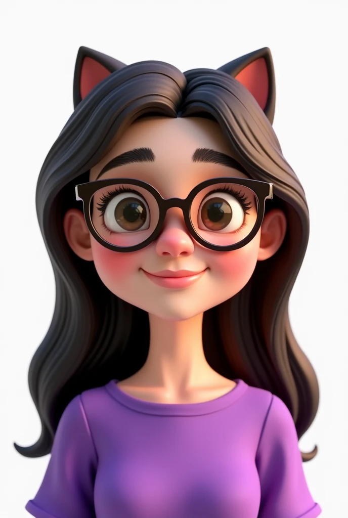 a one woman,Caucasian skin,shy smile,wearing small cat-style glasses ,long dark brown hair, wearing a purple blouse,white background,Pixar-style, ..3d, Cartoon s, face detailed, asymmetric 16k