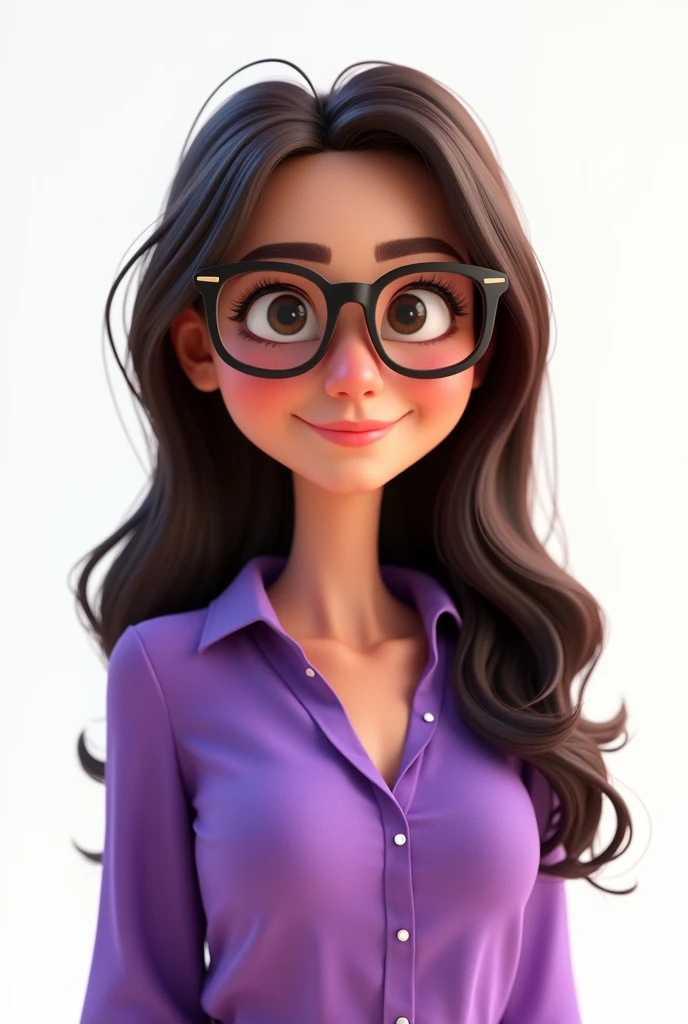 a one woman,Caucasian skin,shy smile,wearing small cat-style glasses ,long dark brown hair, wearing a purple blouse,white background,Pixar-style, ..3d, Cartoon s, face detailed, asymmetric 16k