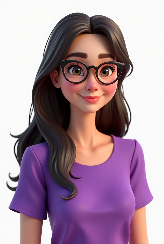 a one woman,Caucasian skin,shy smile,wearing small cat-style glasses ,long dark brown hair, wearing a purple blouse,white background,Pixar-style, ..3d, Cartoon s, face detailed, asymmetric 16k