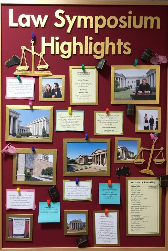 Create a bulletin board design for a school law symposium. At the top center, place a large, bold title saying 'Law Symposium Highlights' in a contrasting color like gold or white. Arrange various pictures related to the symposium in a grid or dynamic collage format with rectangular or square frames bordered in gold or burgundy. Include small white or gold cards with brief descriptions or captions below or beside each picture. Add Scatter small cutouts of gavels, legal books, or scales of justice around the pictures. Feature notable quotes or key takeaways on colored paper or sticky notes in elegant fonts. Add a side section for an event timeline or schedule with a different background color. The board should not be too cluttered and should be spacious. The board will be decorates using paper printouts only so suggest accordingly. The frames of the pictures will be made from chart paper