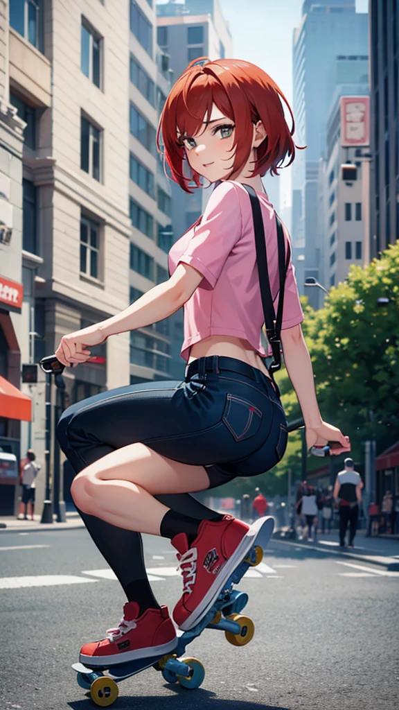 Generate me an image of Ramona flowers with red hair dressed as a Skater in the air doing an ollie with a skateboard