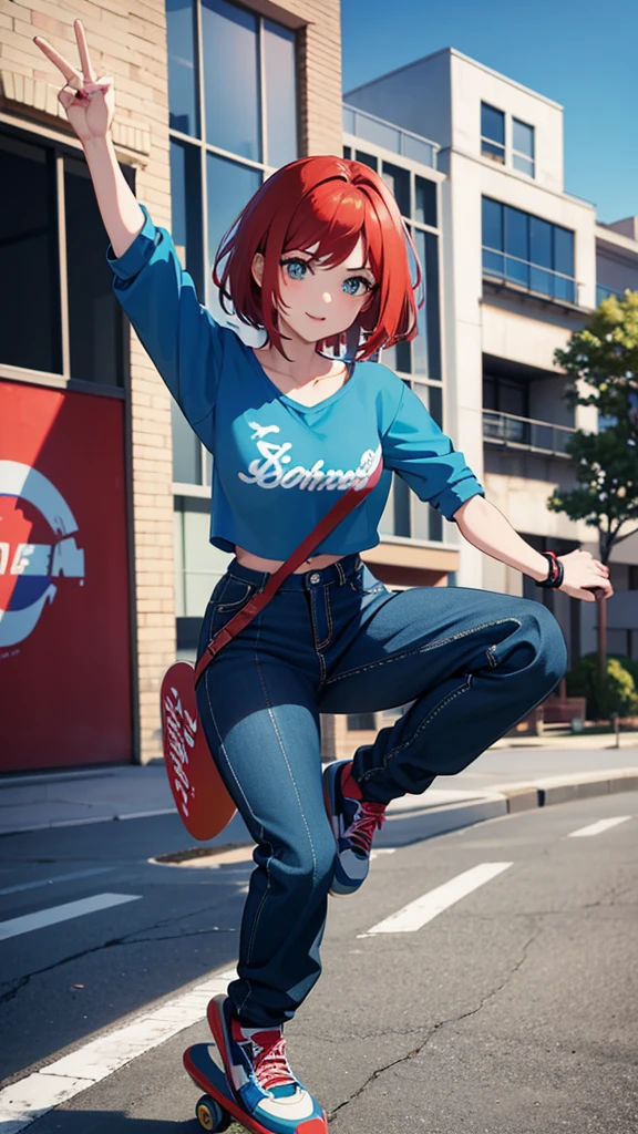 Generate me an image of Ramona flowers with red hair dressed as a Skater in the air doing an ollie with a skateboard 