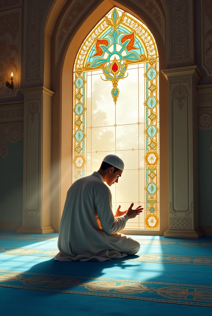 A  young Muslim man is kneeling on blue carpet on the ground  at morning , raising his palms and praying to God. Beautiful window there. The wall is decorated with islamic art. The scene is relaxing. painting . using handwriting font Signed the painting with name of suragabi