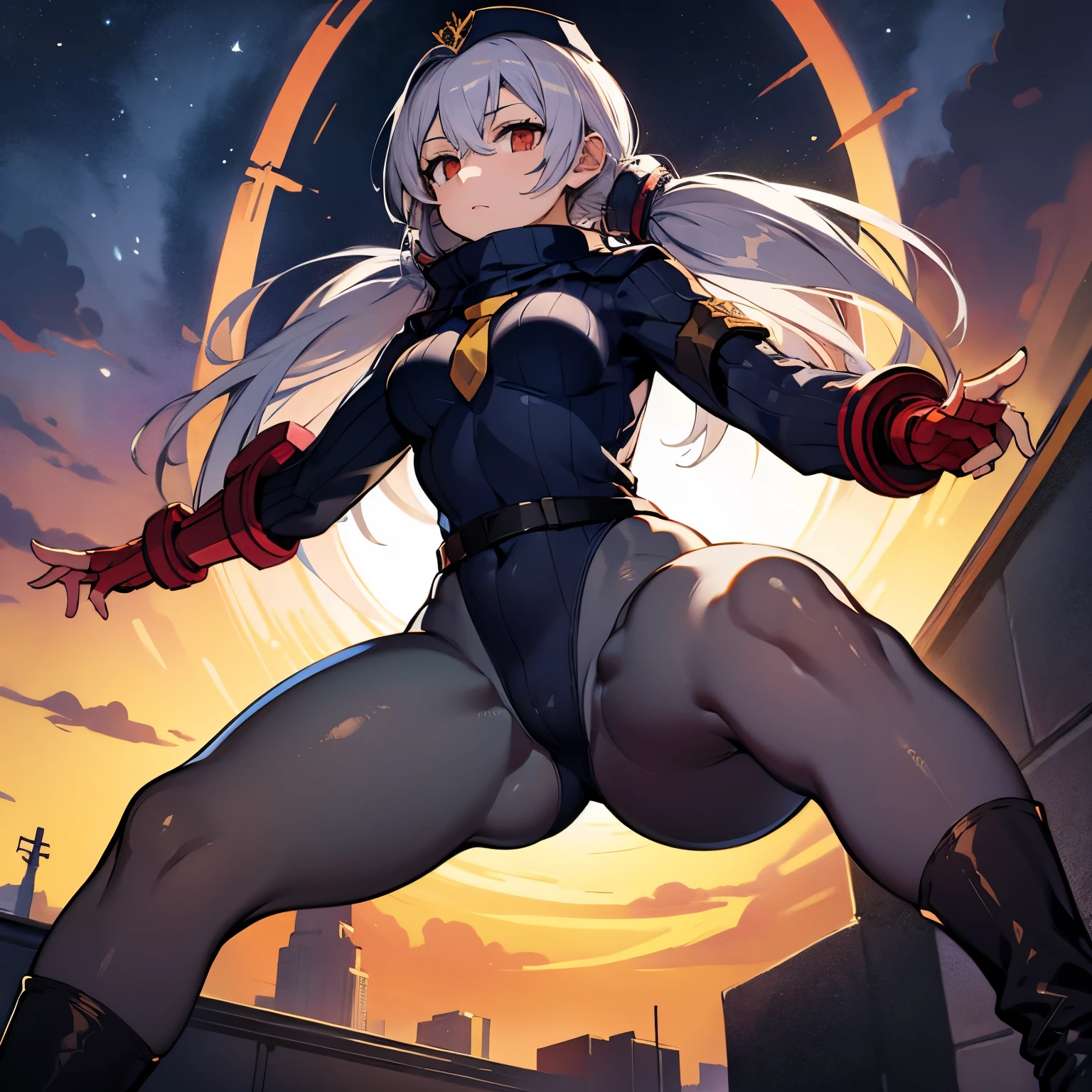 best detailed, Highly detailed,Beautiful body,Beautiful Nose,perfect eyes,perfect face,ultra highres,beautiful legs,Perfect hands,Masterpiece,illustration,,perfect anatomy,street fighter,doll suit,shadaloo doll,dollsuit,expressionless,empty eyes,blank eyes,red gloves,((dark pantyhose)),feet,no boots,without boots,emotionless,black latex,corruption,mind control,female combatant,hypnotized,unhappy trance,full body suit,obey,extremely glossy latex,hypnosis,hypnoLora,Slave,necktie,yellow tie,military,dark persona,(((from below, raised leg, foot,foot towards viewer,foot sole,toes))),(((pixel-perfect, detail-perfect))),solo,(roze),1girl,silver hair, long hair, twintails, hair between eyes, red eyes, black cap, twin black muffler,black scarf,(((sword))),city background, night sky
