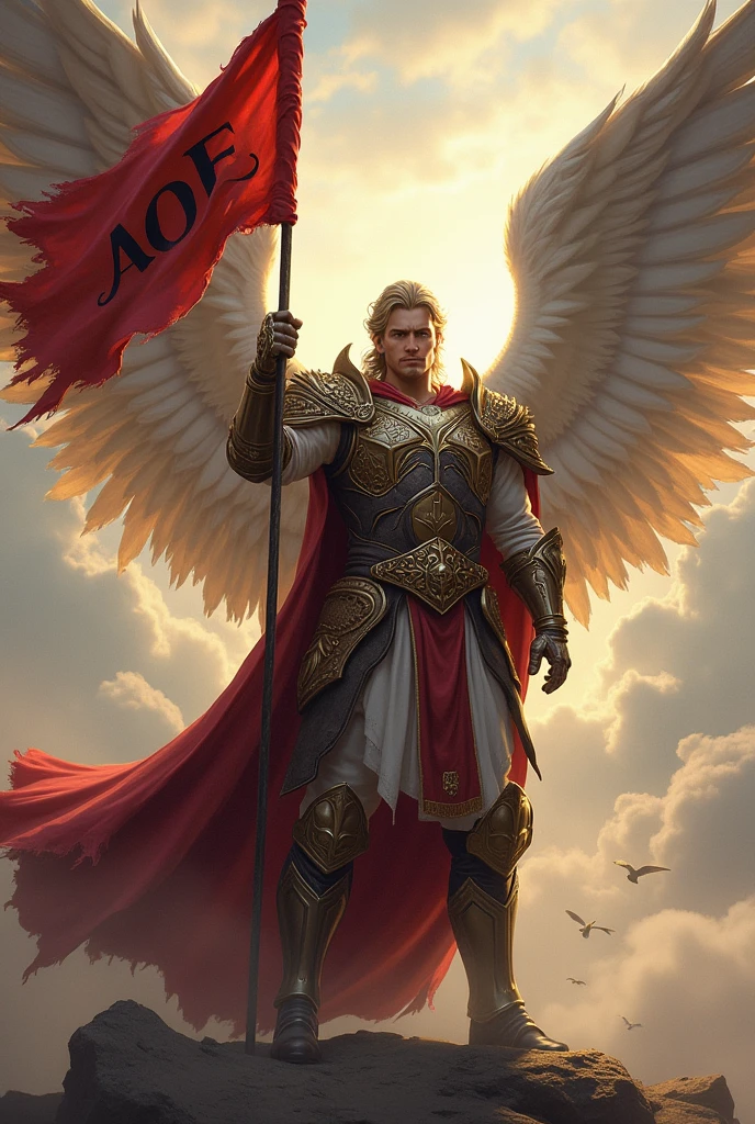 ((best quality)), ((masterpiece)), (detailed), perfect face. Create an epic piece of art featuring an angel of justice looking into the camera that embodies the essence of a god of war and victory. He stands gracefully with a waving flag in his right hand with "AoE" written on it. Next to him is a sign that says "King Kodo's Empire"!