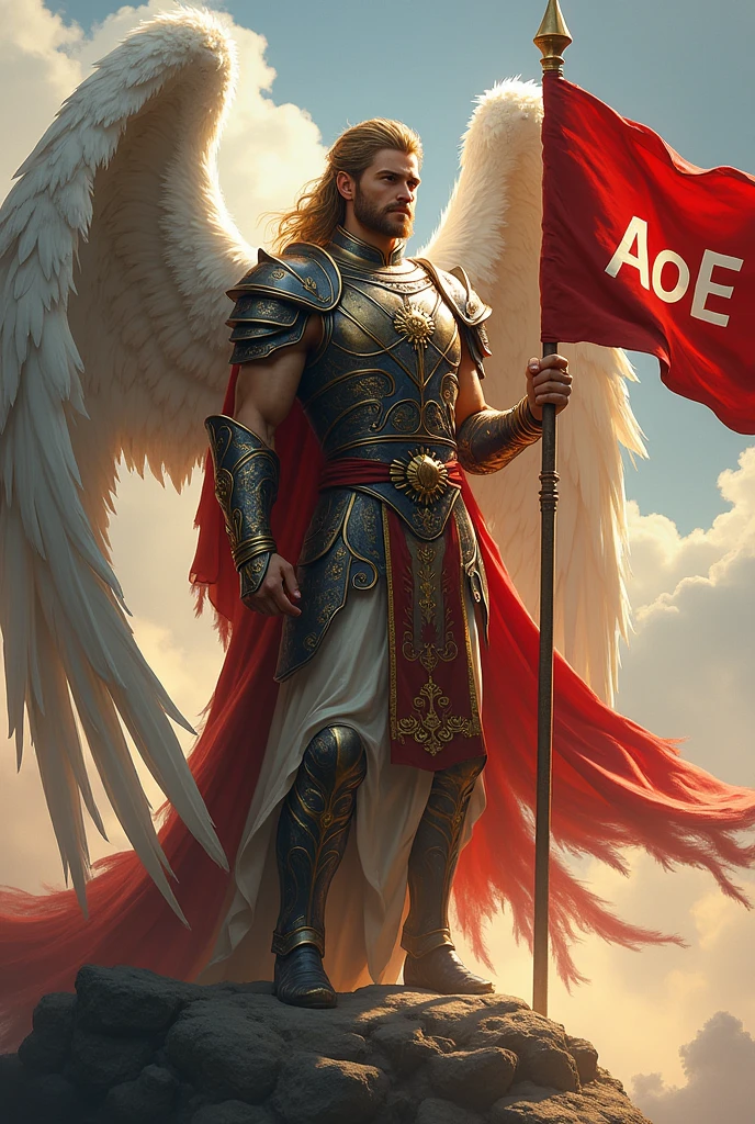 ((best quality)), ((masterpiece)), (detailed), perfect face. Create an epic piece of art featuring an angel of justice looking into the camera that embodies the essence of a god of war and victory. He stands gracefully with a waving flag in his right hand with "AoE" written on it. Next to him is a sign that says "King Kodo's Empire"!