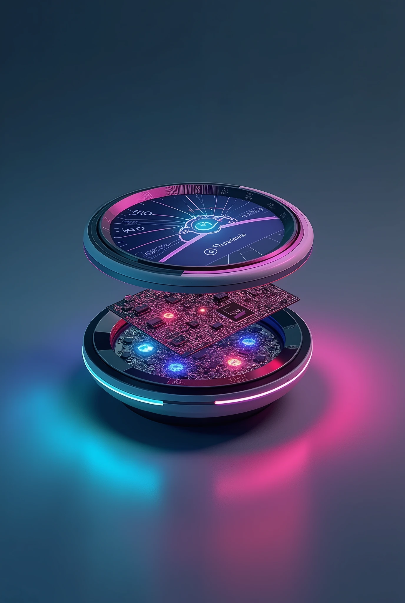 Patent design illustration of a futuristic portable medical device inspired by a Star Trek tricorder. The device is circular in shape, featuring a sleek, modern aesthetic with a touchscreen display at the front. The exploded view showcases three distinct layers: The first layer is an exchangeable facelift with a circular RGB LED ring surrounding the display. The second layer contains the mainboard circuit, intricately detailed with visible components and connections. The third layer reveals 8 optical sensors arranged symmetrically, all facing downward for scanning functionality. The design is versatile, showing the device as wearable (pendant, smartwatch) and as a key-chain accessory. Rendered with a focus on high-tech, minimalistic elegance, in a style that highlights its potential uses in various forms