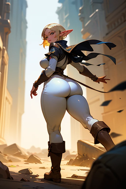 Solo elf girl, huge fat juicy ass, widest hips, slim waist, thick supple thighs, short blonde hair, walking away, elven ranger clothes, looking back over her shoulders, tight white trousers, dynamic lighting, hyper realistic, perfect face, normal eyes, brown leather boots