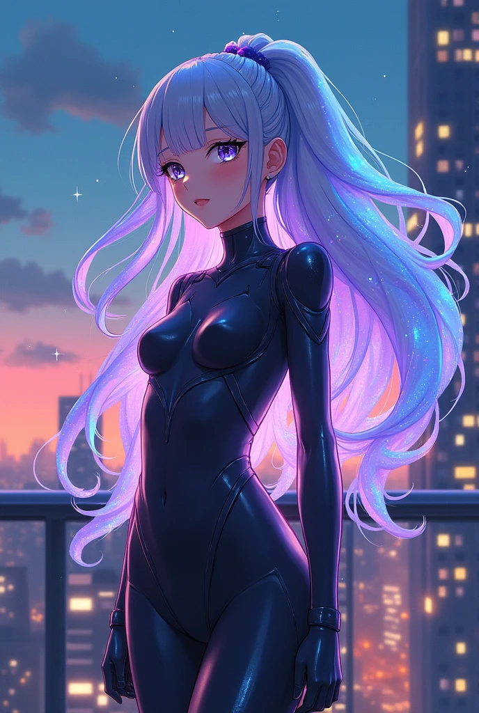 Adult Anime styled girl with hair that are made of crystals with an iridescent shine and iridescent eyes wearing a suite 