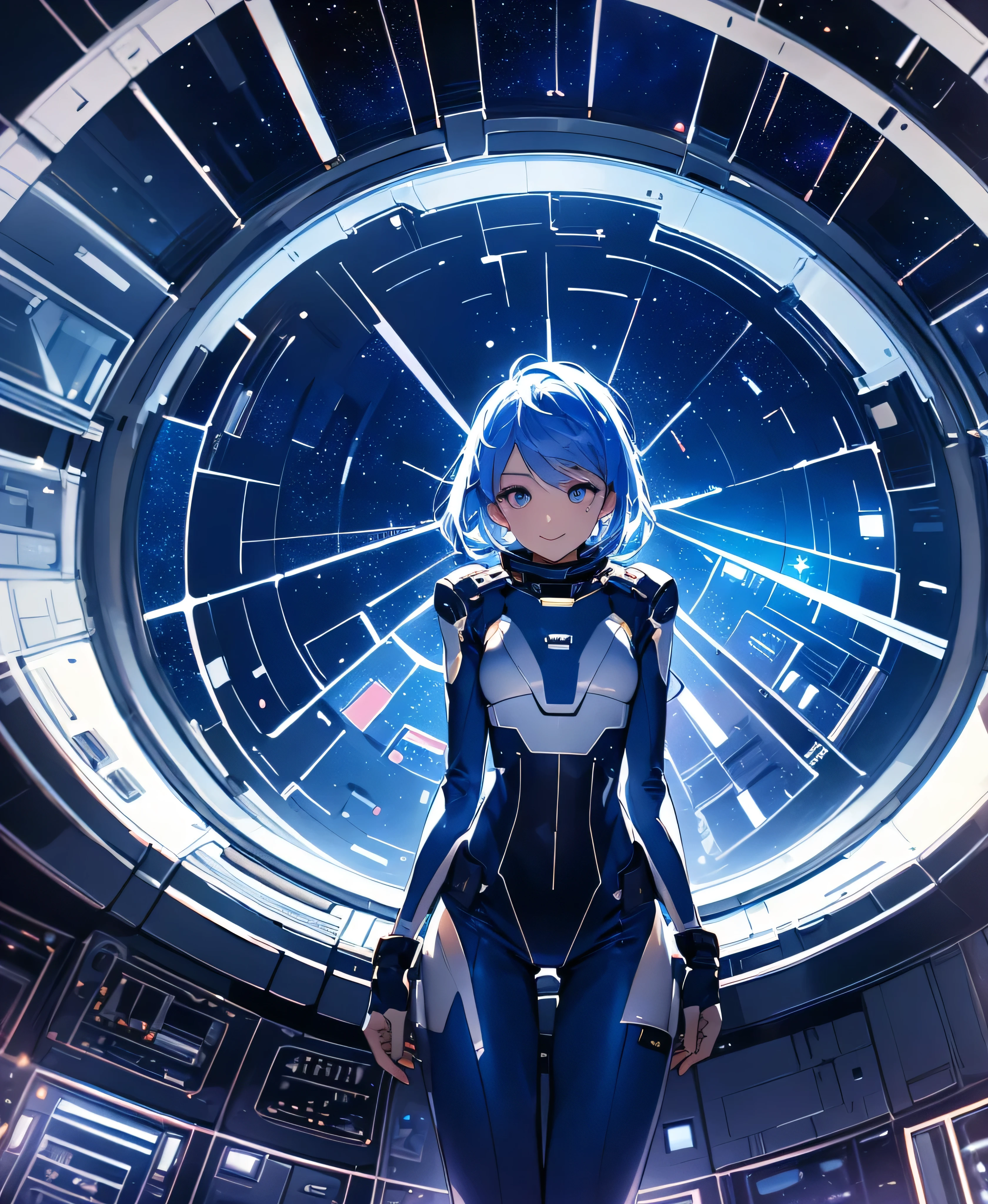 (masterpiece, Highest quality:1.2), (Cowboy Shot:1.1), fluorescence Navy Blue Hair、High knot ponytail,blue eyes、(Eye focus:1.3,Face Focus:1.3,whole body:1.5),(Gradient Eye:1.3),smile,Laugh with your mouth wide open,(Happy:1.3),short hair、Cute Face,Portraiture,alone, 1 person,mori yuki, smile,, Side view, Looking at the audience,Thigh Gap, Navy blue bodysuit, Perfect for your skin, Perfect body, Large windows, (Spaceship porthole:1.3), (Spread your legs:1.3), (Are standing:1.1), Thigh Gap, stop temporarily, Side view, Perfect hands, belt, Elbow-length gloves,Long Hard Boots,The bright interior of a spaceship, (Space View:1.1), (Orbital View:1.3), (night, Starry Sky:1.5), milky way