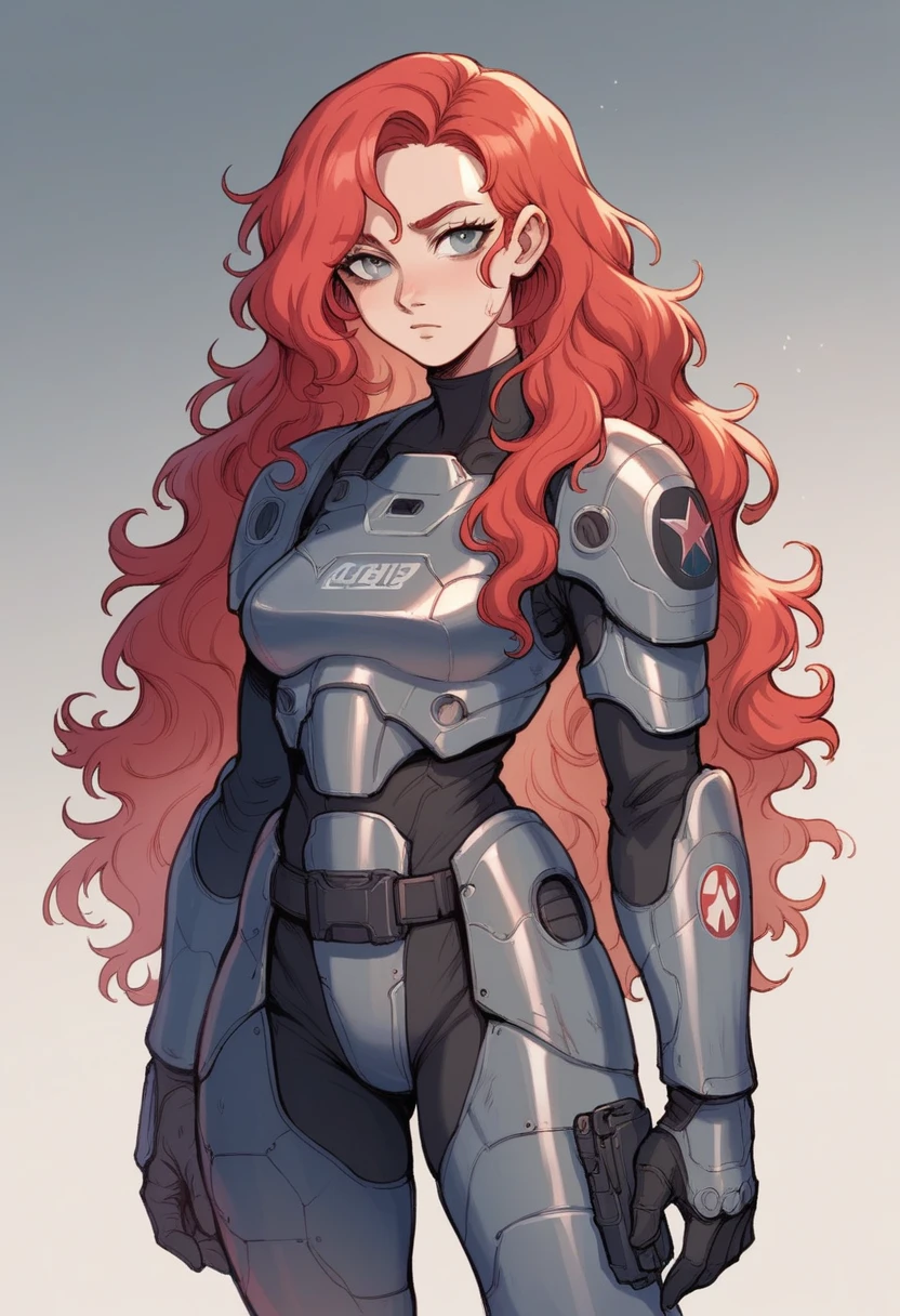 Anime girl. Soldier. Plated armor. Red hair. Long hair. Wavy hair. Grey eyes. Galactic soldier.
