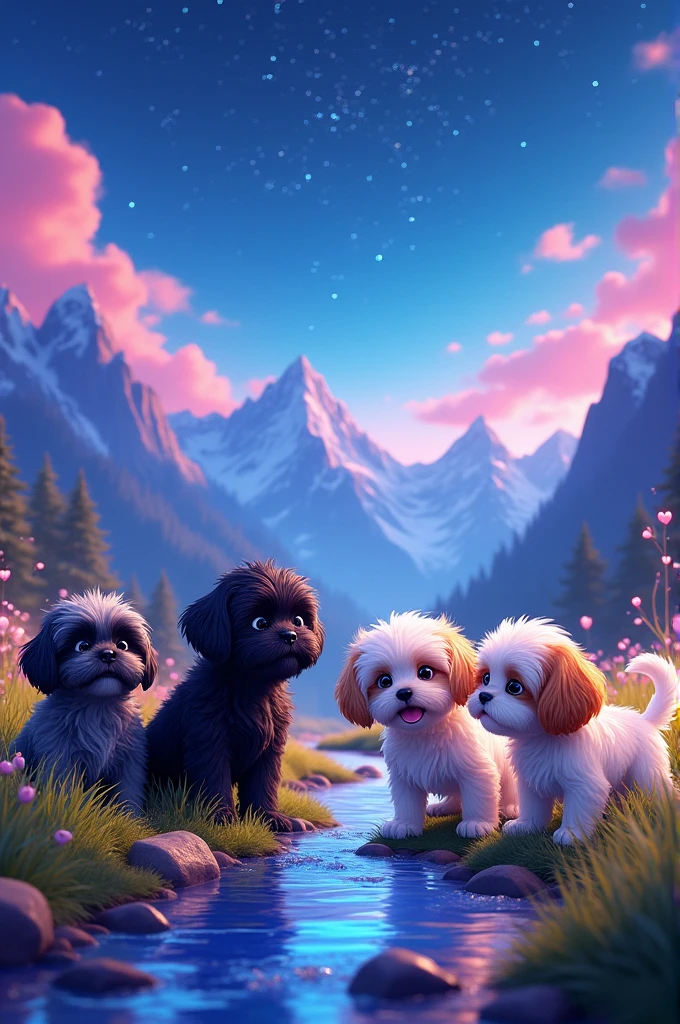 Create a disney movie poster titled Welcome to the Shiht Show in neon colors, mountains and creek on poster, 2 black shih tzu puppies, 1 white shih tzu puppies,1 white and gold shih tzu puppy, 1 white and brown shih tzu puppy, 3D Pixar style