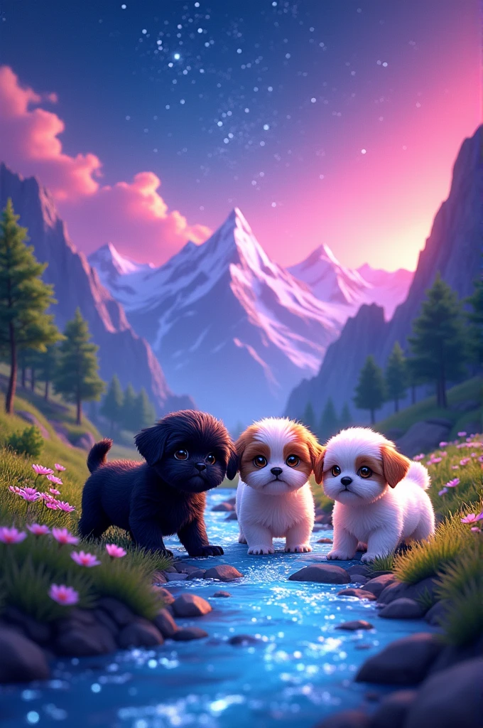 Create a disney movie poster titled Welcome to the Shiht Show in neon colors, mountains and creek on poster, 2 black shih tzu puppies, 1 white shih tzu puppies,1 white and gold shih tzu puppy, 1 white and brown shih tzu puppy, 3D Pixar style