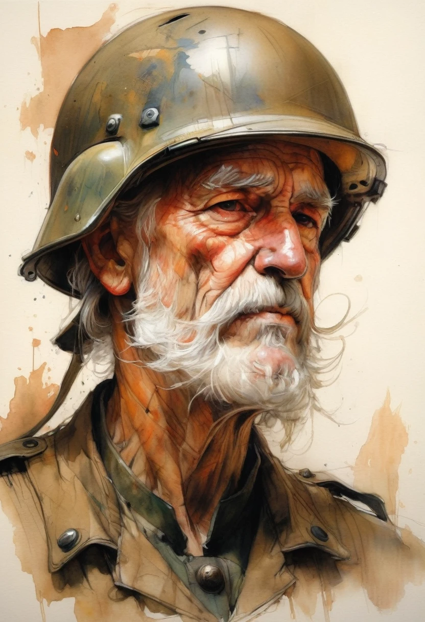 Recruit soldier, decrepit old man with a big nose in a helmet, drawing, vintage pencil painting full of detail, watercolor, intricate details, high detail, artstation, inspiration, authors: Henry Asencio, Craig Davison, Jenny Saville, Bernie Wrightson