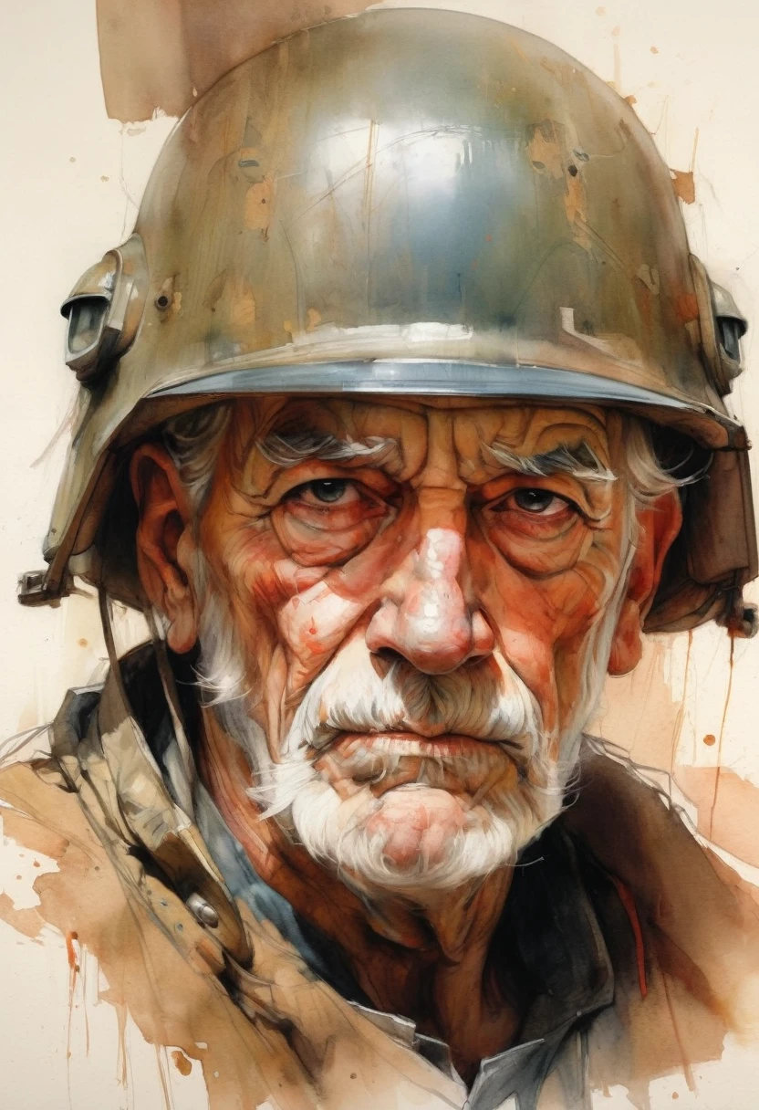 Recruit soldier, decrepit old man with a big nose in a helmet, drawing, vintage pencil painting full of detail, watercolor, intricate details, high detail, artstation, inspiration, authors: Henry Asencio, Craig Davison, Jenny Saville, Bernie Wrightson