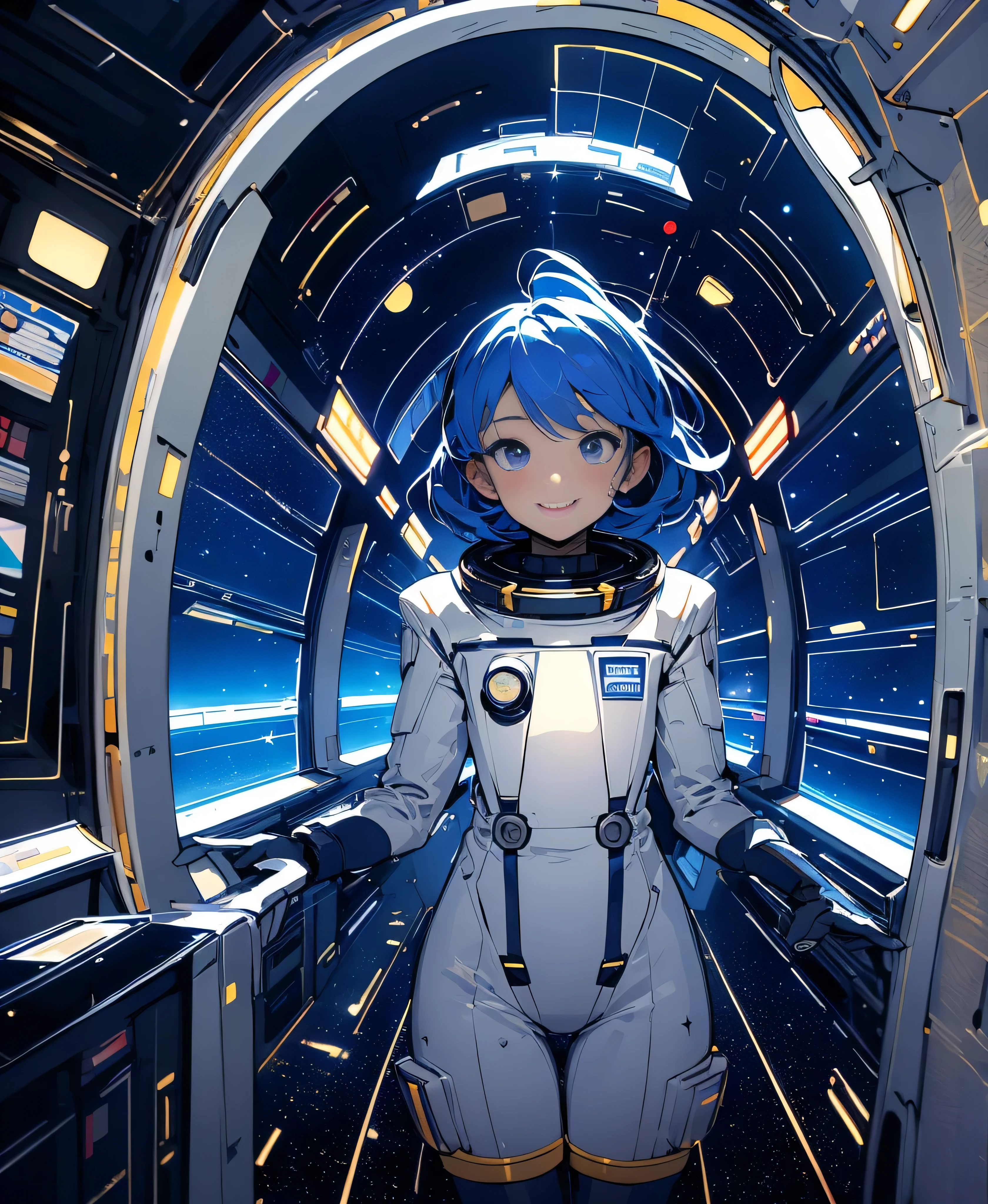 (masterpiece, Highest quality:1.2), (Cowboy Shot:1.1), fluorescence Navy Blue Hair、High knot ponytail,blue eyes、(Eye focus:1.3,Face Focus:1.3,whole body:1.5),(Gradient Eye:1.3),smile,Laugh with your mouth wide open,(Happy:1.3),short hair、Cute Face,Portraiture,alone, 1 person,mori yuki, smile,, Side view, Looking at the audience,Thigh Gap, Navy blue bodysuit, Perfect for your skin, Perfect body, Large windows, (Spaceship porthole:1.3), (Spread your legs:1.3), (Are standing:1.1), Thigh Gap, stop temporarily, Side view, Perfect hands, belt, Elbow-length gloves,Long Hard Boots,The bright interior of a spaceship, (Space View:1.1), (Orbital View:1.3), (night, Starry Sky:1.5), milky way