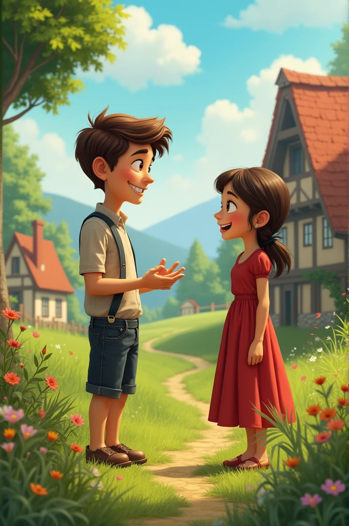 "A humorous scene in a traditional village, where a young man is proposing to a young woman. He is smiling and telling her that his father is the 'biggest' man in the village, while she looks curious. The background shows simple village life, with an emphasis on the greenery and community."