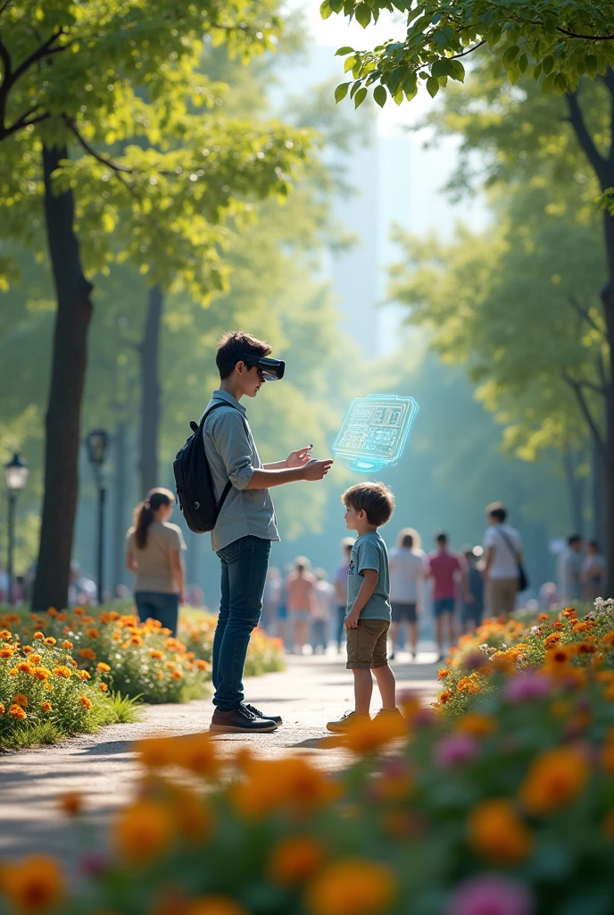 Adult person wearing augmented reality glasses in the middle of a park creating a song with a virtual synthesizer

