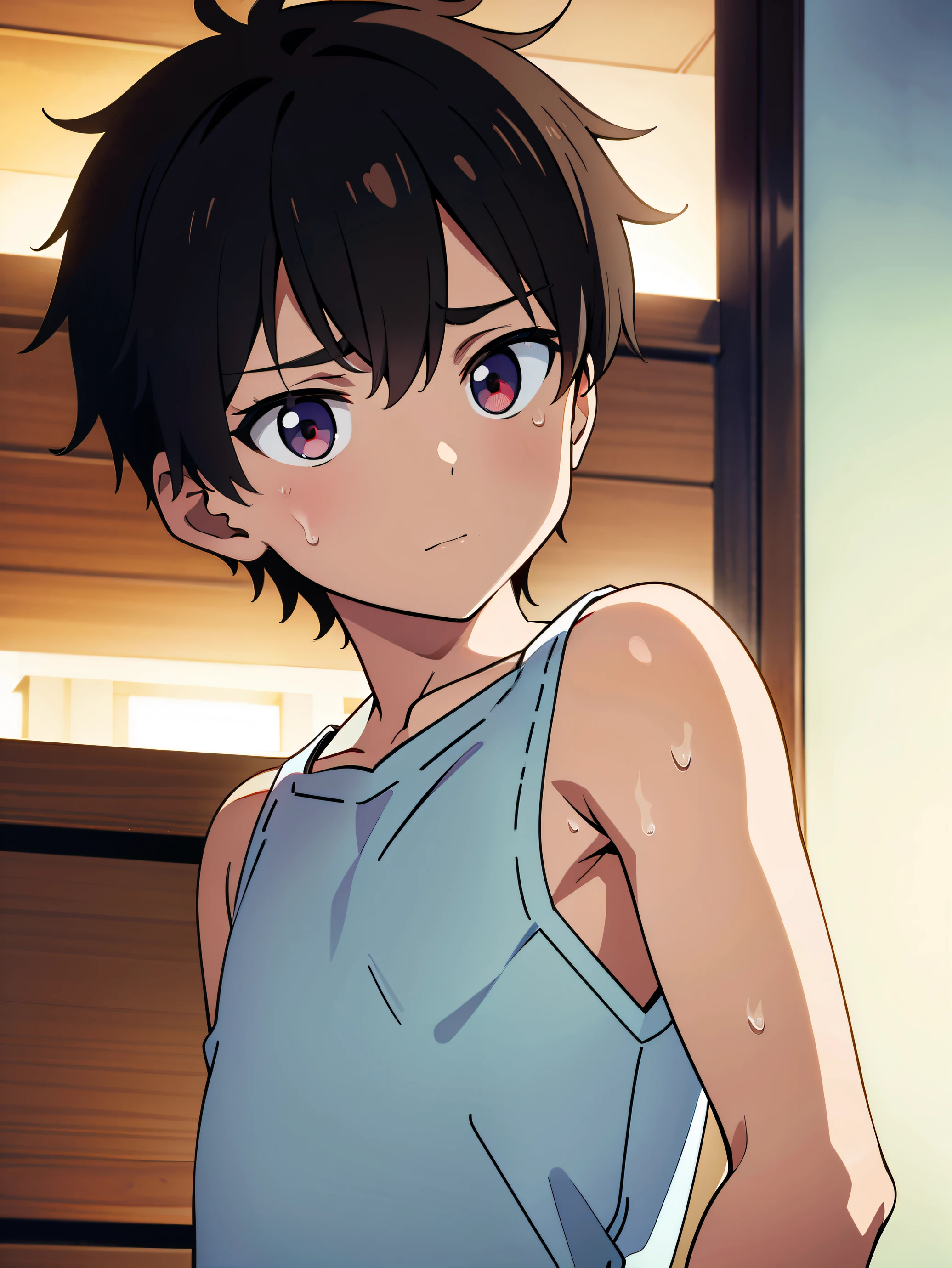 Highres, Masterpiece, Best quality at best,Best Quality,hight quality, hight detailed, Anime style, 1boy, Shota, young boy, Solo person, Tank top, bare shoulder, Seen from the side, look at viewer, (very young boy), (very small and short body), simple beckgroud,  hansome boy, sweat, Uhd, 4k, bokeh, exp_1