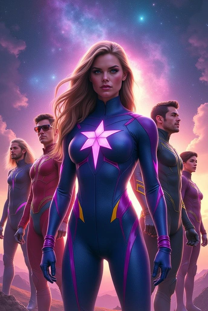 Starforce (The Leader and Queen) Appearance: Starforce is a woman with a bright suit that combines purple and blue tones, with a large star on his chest representing his name. Her hair is long, silky, and light brown in color. 2. roy (The Fast One) Appearance: roy es alto y atlético con un traje rojo con detalles en amarillo. His hair is short and black. Sergio (The Intellect) Appearance: Sergio wears a dark green suit with silver details. He wears technological glasses that give him real-time information. He has curly hair and dark brown hair. Lucas (The Strong Old Man) Appearance: Lucas wears a black and gold suit. He is tall and muscular, with short black hair. Andrew (The Glitch - the Villain) Appearance: Andrew usa un traje azul oscuro con detalles en blanco. and he has an army of monsters Lennart (The Illusionist and brother of the Queen) Appearance: Lennart wears a purple suit with gold details. He has a messy hairstyle and dark hair.
