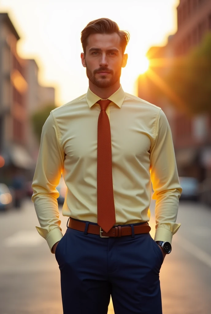 Man with a pastel yellow long-sleeved shirt, terracotta tie and navy blue pants