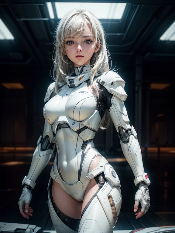 masterpiece, best quality, ultra realistic, hyper-detailed, 8k resolution, RAW photo, sharp focus, (1girl), solo, gorgeous face, perfect body, teen female, 15yo,  portrait, mecha, white armor, nanosuit, sexy, messy hair, cinematic, cinematic light, dark theme