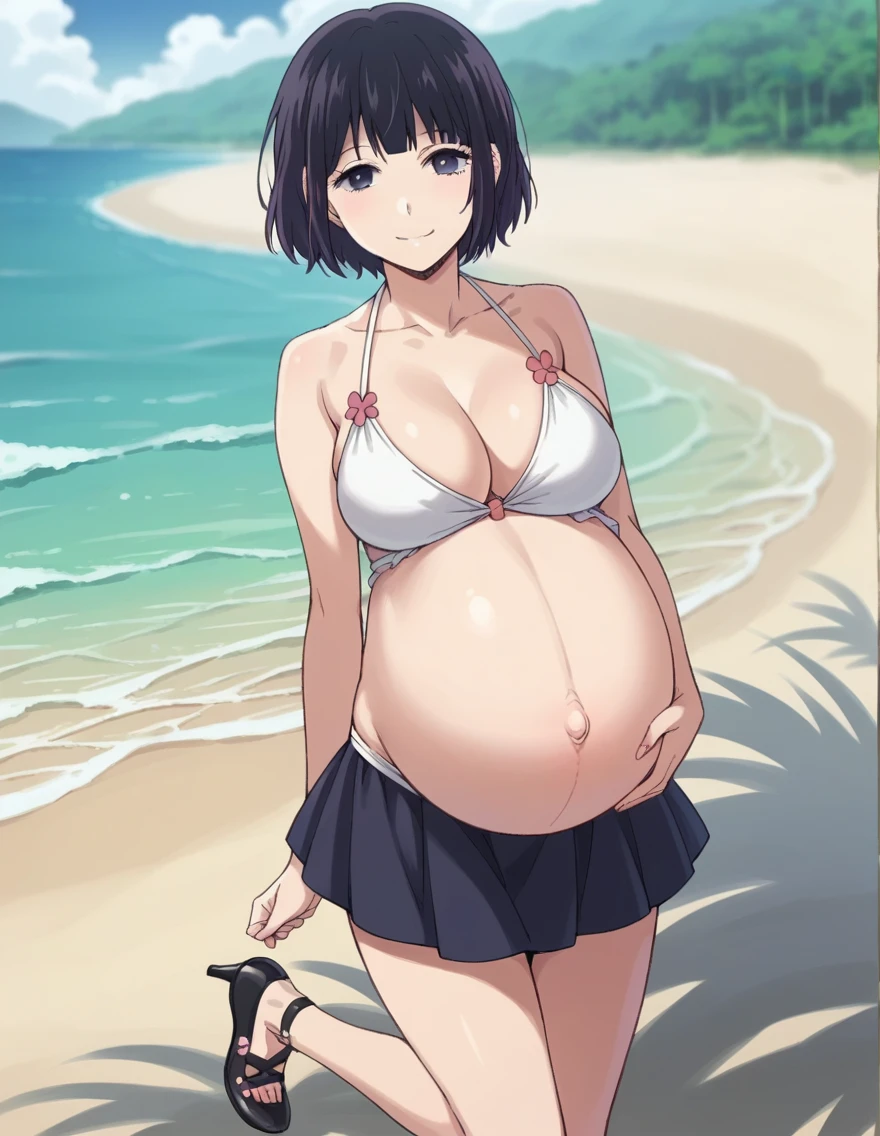 score_9, score_8_up, score_7_up, source_anime,
hanabiyasuraoka, hanabi yasuraoka, short hair, black hair, black eyes,
Big breasts,
Bikini, shorts, Heels, big belly, large belly, Beach, background, rubing belly, smile,
looking at viewer, cowboy shot, solo, pregnant, possing, Sitting, Black nails, toenail polish, earrings, belly button,