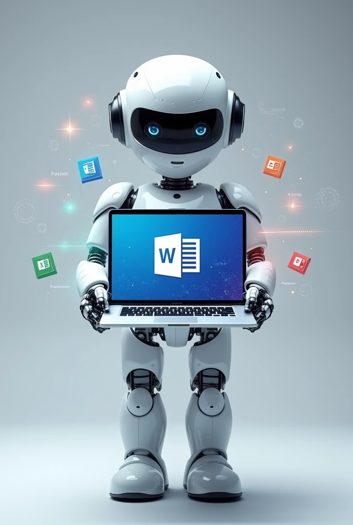 ((best quality)), ((masterpiece)), (detailed), perfect face
create me an image on which there will be a white robot standing holding a laptop. on the computer screen I want to see the logos of Microsoft Word Excel and PowerPoint. and next to the image, write this "Free training on AI and PC computer tools". Add super stylish decorations but the idea doesn't change