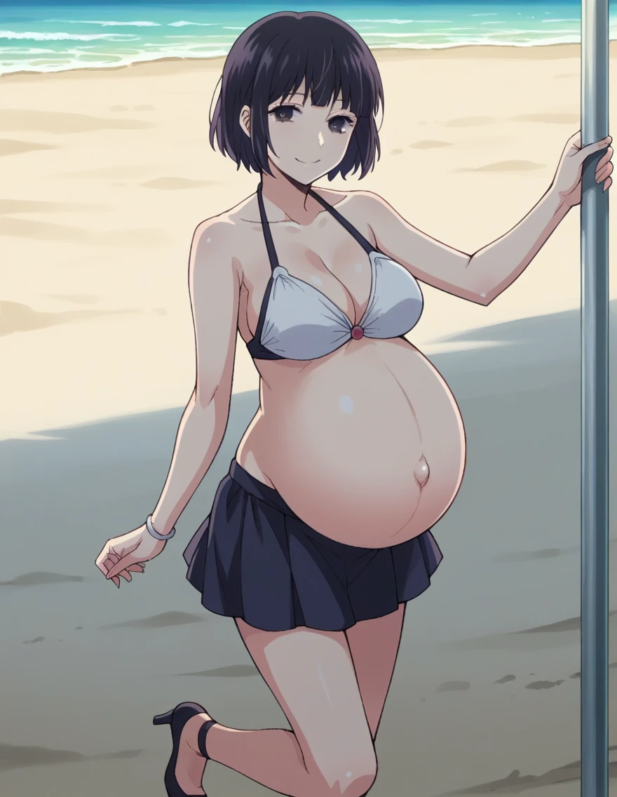 score_9, score_8_up, score_7_up, source_anime,
hanabiyasuraoka, hanabi yasuraoka, short hair, black hair, black eyes,
Big breasts,
Bikini, skirt, Heels, big belly, large belly, Beach, background, rubing belly, smile,
looking at viewer, cowboy shot, solo, pregnant, possing