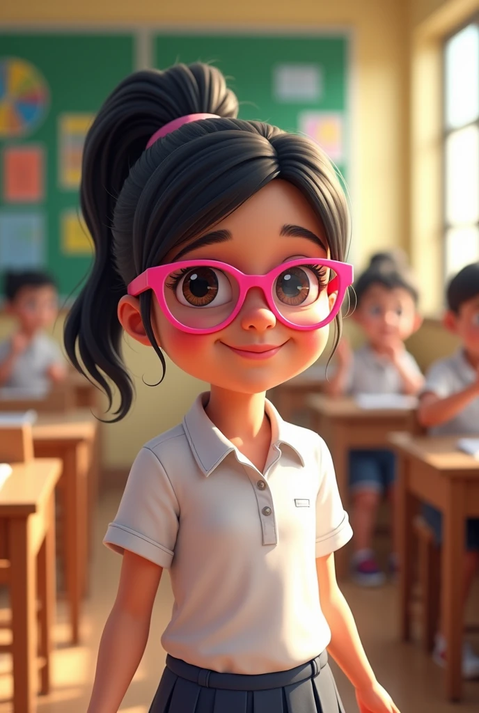 Create a girl, she is 10 years old, wears pink glasses, has big breasts, her name is Yasmin, wears a white school uniform, has white skin and her hair is tied up, her hair color is black., She's a little big, a little chubby., She is Brazilian with bright eyes, remembering that her hair is in a ponytail.