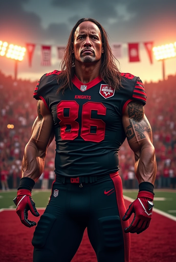 The Rock wearing a knights football uniform black and red with the number 86 with long hair