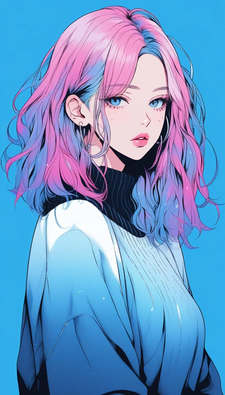 Illustrator, anime , Realistic ,sketch , 1 person, ,lip, sweater,order, Blue gradient background, Neon Hair,Texture Trim, Canadian, (masterpiece,Highest quality) Cancer
