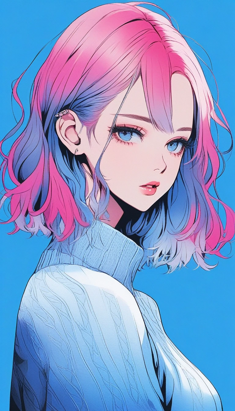 Illustrator, anime , Realistic ,sketch , 1 person, ,lip, sweater,order, Blue gradient background, Neon Hair,Texture Trim, Canadian, (masterpiece,Highest quality) Cancer