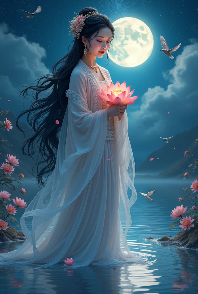 (masterpiece,Highest quality,,8k,High resolution),One female,,Beautiful Face,Beautiful Face,Beautiful eyes,Beautiful lips,Compassionate Mother Kannon,Black Hair,look back,,Wave,,Standing on the surface of the water,,flower,bird,,moon,,night with stars,jewelry,Holding,Long sleeve,Veil,necklace,Lotus,Long Hair,dress,(whole body),Highly detailed CG,