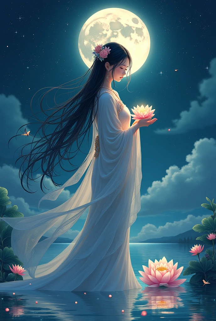 (masterpiece,Highest quality,,8k,High resolution),One female,,Beautiful Face,Beautiful Face,Beautiful eyes,Beautiful lips,Compassionate Mother Kannon,Black Hair,look back,,Wave,,Standing on the surface of the water,,flower,bird,,moon,,night with stars,jewelry,Holding,Long sleeve,Veil,necklace,Lotus,Long Hair,dress,(whole body),Highly detailed CG,
