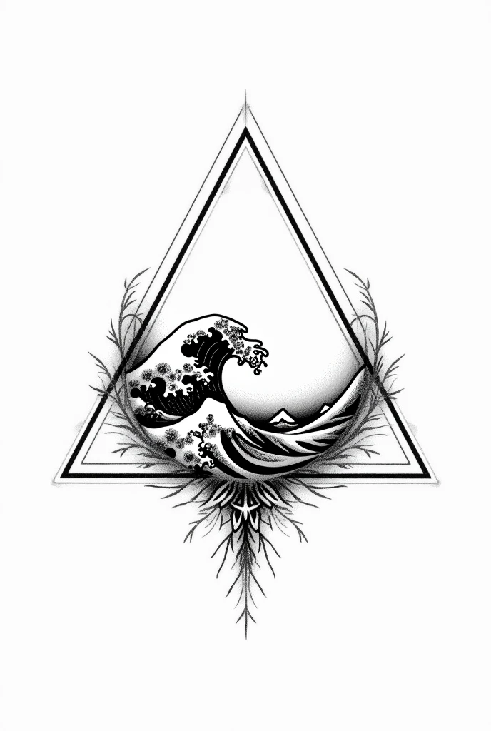 Create a tattoo decal design in blackwork and pointillism style, with fine lines of an inverted triangle with a sea wave inside