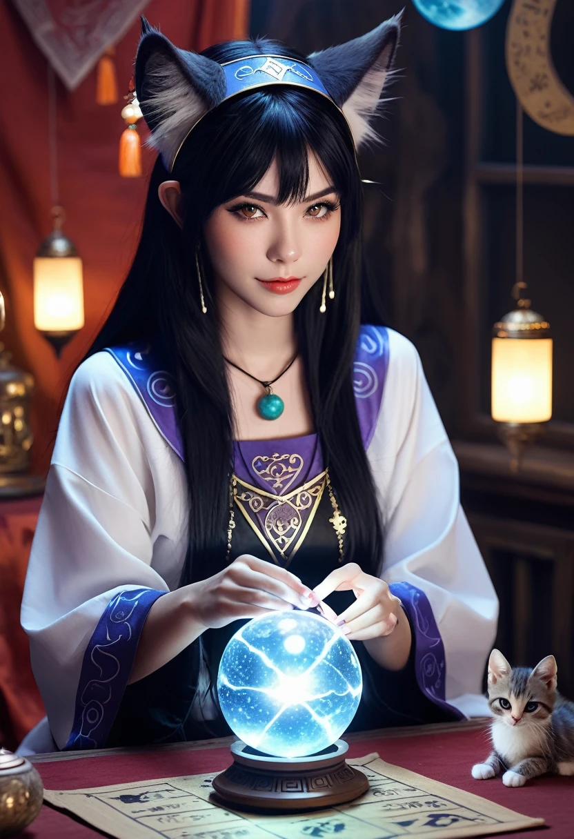 Monster Girl, Cat ear,20th Generation, fortune teller,Realistic Women, Black Hair,cute,astrologer