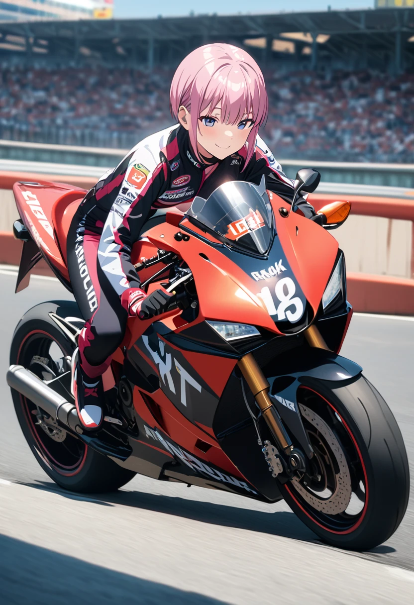 (Highest quality, 4K, 8k, High resolution, masterpiece:1.2), Very detailed, Picturesque, Anime-style photos, Photo animation:1.37)、Japanese、(Pink Hair)、(Pixie Cut)、smile、Black choker、Racing Suits、Riding a Chopper motorcycle、whole body、Nakano Ichika