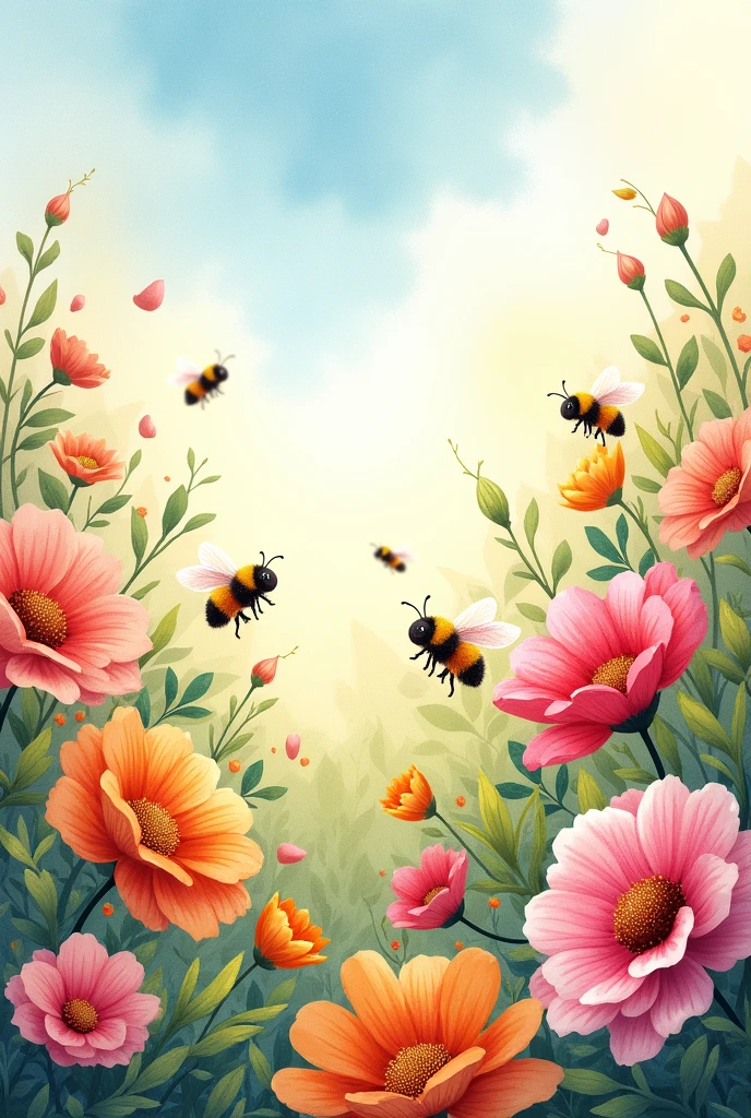 Garden with watercolor painted flowers and baby bees