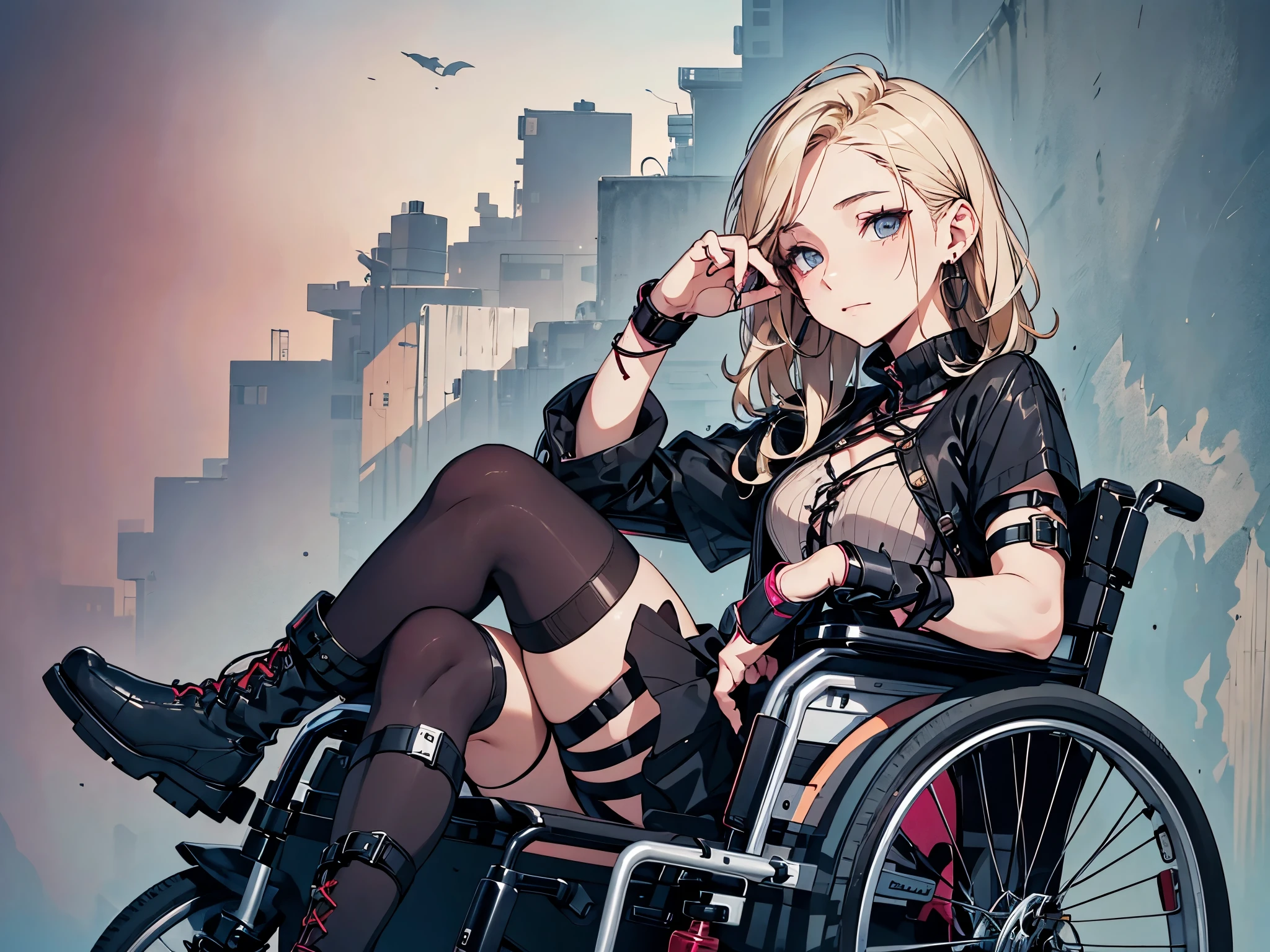 ((from side,look away)),24 years old disabled woman in reclining electric wheelchair,hair above eyes,middle twintales blonde hair,gothic style fashion,pink sweater with vertical lines,black pleated skirt,earrings,garter belt,black knee socks, lace up long boots,arm brace,leg brace.