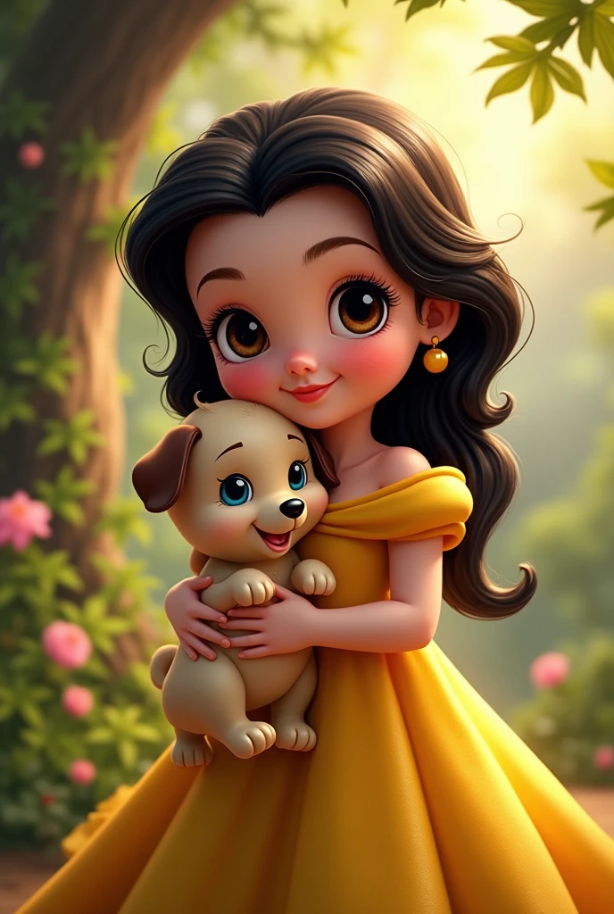 Create an image of the beautiful fairy tale baby Belle from Beauty and the Beast with black hair , dark shaped eyes, pink lips, She is wearing a yellow dress and a puppy.