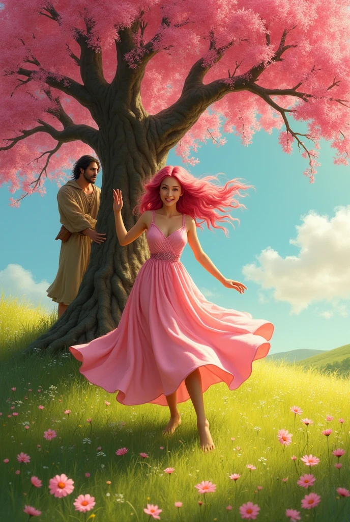 A young woman with long hair to her feet,cached and pink, in pink dress, barefoot, dancing in a field of green flowers with a pink tree in the background, in a sunny day, Um homem de cabelos pretos , wearing brown and nude clothes hidden behind the tree, watching the woman dance