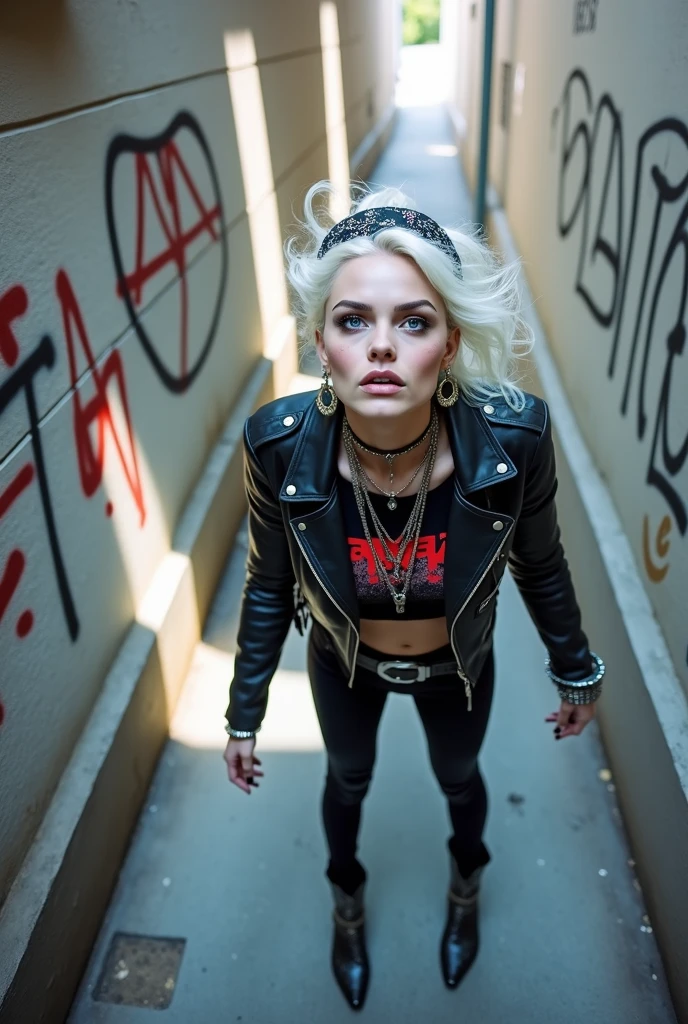 russian woman, platinum blonde hair with black parsley bandana, with very light blue eyes, pale, heavy eye shadows. Smeared make up. Wearing black moto jacket, cropped metal band t-shirt, black skinny jeans and black snakeskin cowboy boots . Lots of metallic braceles and collars. Tacky leather belt with oversized buckle. Wide loop earrings. Scared face. Barely able to walk