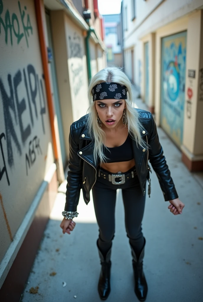russian woman, platinum blonde hair with black parsley bandana, with very light blue eyes, pale, heavy eye shadows. Smeared make up. Wearing black moto jacket, cropped metal band t-shirt, black skinny jeans and black snakeskin cowboy boots . Lots of metallic braceles and collars. Tacky leather belt with oversized buckle. Wide loop earrings. Scared face. Barely able to walk