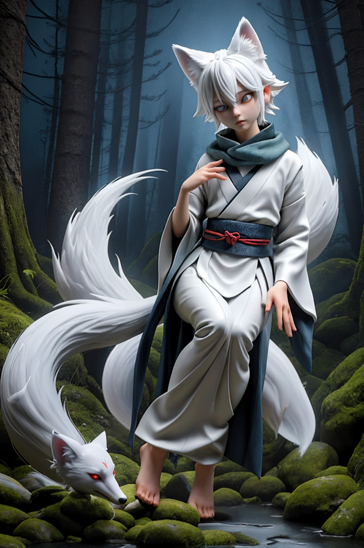 Create a 3D character named Akira, an ethereal kitsune (fox spirit) with the following features: 1. **Appearance**: Akira has luminous white fur with a subtle, otherworldly glow. His eyes are deep blue with a captivating, slightly eerie shine. His body is medium-sized, agile, and elegant, giving a ghostly impression of floating above the ground. 2. **Clothing**: Akira wears a stylized traditional Japanese outfit with leaf and cloud motifs. The attire should look ancient yet refined, with a flowing scarf that blends seamlessly with shadows. 3. **Expression**: His face should exhibit a blend of wisdom and subtle unease, conveying a sense of ancient mystery and intrigue. 4. **Movement**: Animate Akira with smooth, graceful movements that enhance his spectral nature. His motions should appear fluid and hypnotic, adding to his enigmatic aura. 5. **Lighting and Background**: Use soft, diffuse lighting to create a mystical ambiance. The background should depict a dark, misty forest reminiscent of Aokigahara, with shifting shadows and faint, ghostly lights to enhance the atmosphere of suspense and unease. 6. **Voice and Sound Effects**: Though not necessary for the visual, consider a soft, melodious, and haunting vocal quality if including audio. Add subtle sound effects like whispering winds and forest noises to enhance the overall eerie effect.
