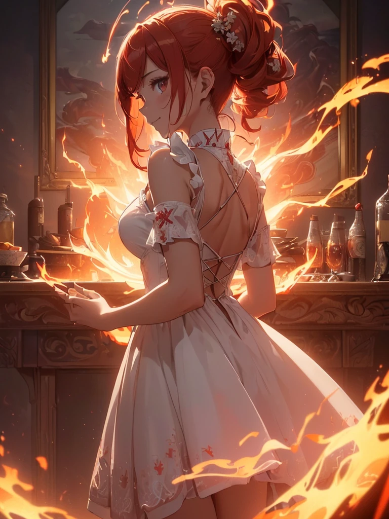 (((best quality, sharp image, clear image, cinematic lighting, 8k resolution, masterpiece, ultra detailed, intricate))) Girl, (((looking over left shoulder))), (shot from behind), ((half shot)), fiery red hair, pigtails, ((white dress)), ((flaming sigils, flaming runes)), spiky rock formations, (flaming lotus flowers frame), (intricate background), ((Phoenix)), (swirling flames), smiling
